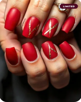 Square nails with velvet finish and gold accents